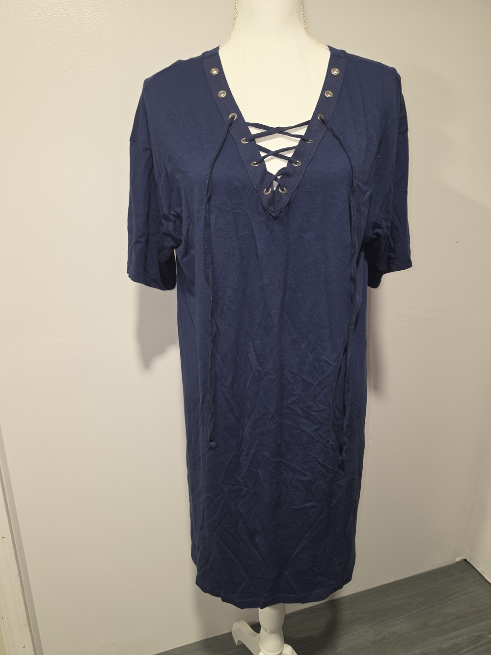 Michael Stars Navy Lace-Up V-Neck T-Shirt Midi Dress Womens Size Small - Picture 1 of 7